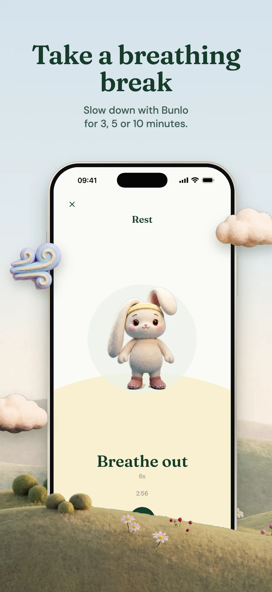 A Bunlo breathing session, the bunny standing in a soft circle above the prompt to breathe out, with 2:56 left.