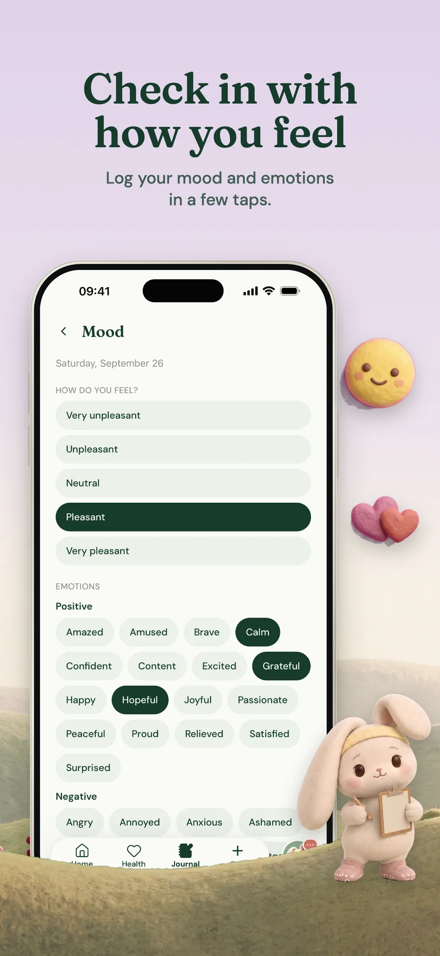 Bunlo's mood check-in with Pleasant chosen on a five-step scale and Calm, Grateful and Hopeful picked from a grid of emotions.