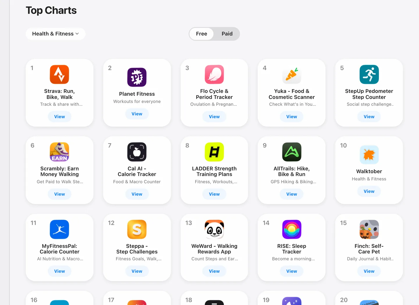 The US App Store top free Health & Fitness chart for iPhone, with Strava first, Yuka fourth and Cal AI seventh