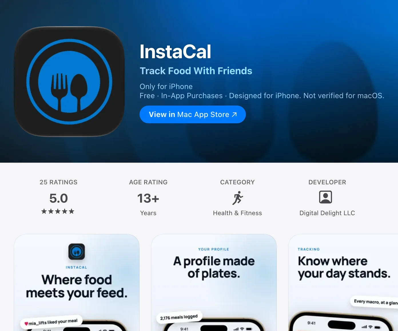 InstaCal's App Store listing: Track Food With Friends, free with in-app purchases, rated 5.0, in the Health & Fitness category