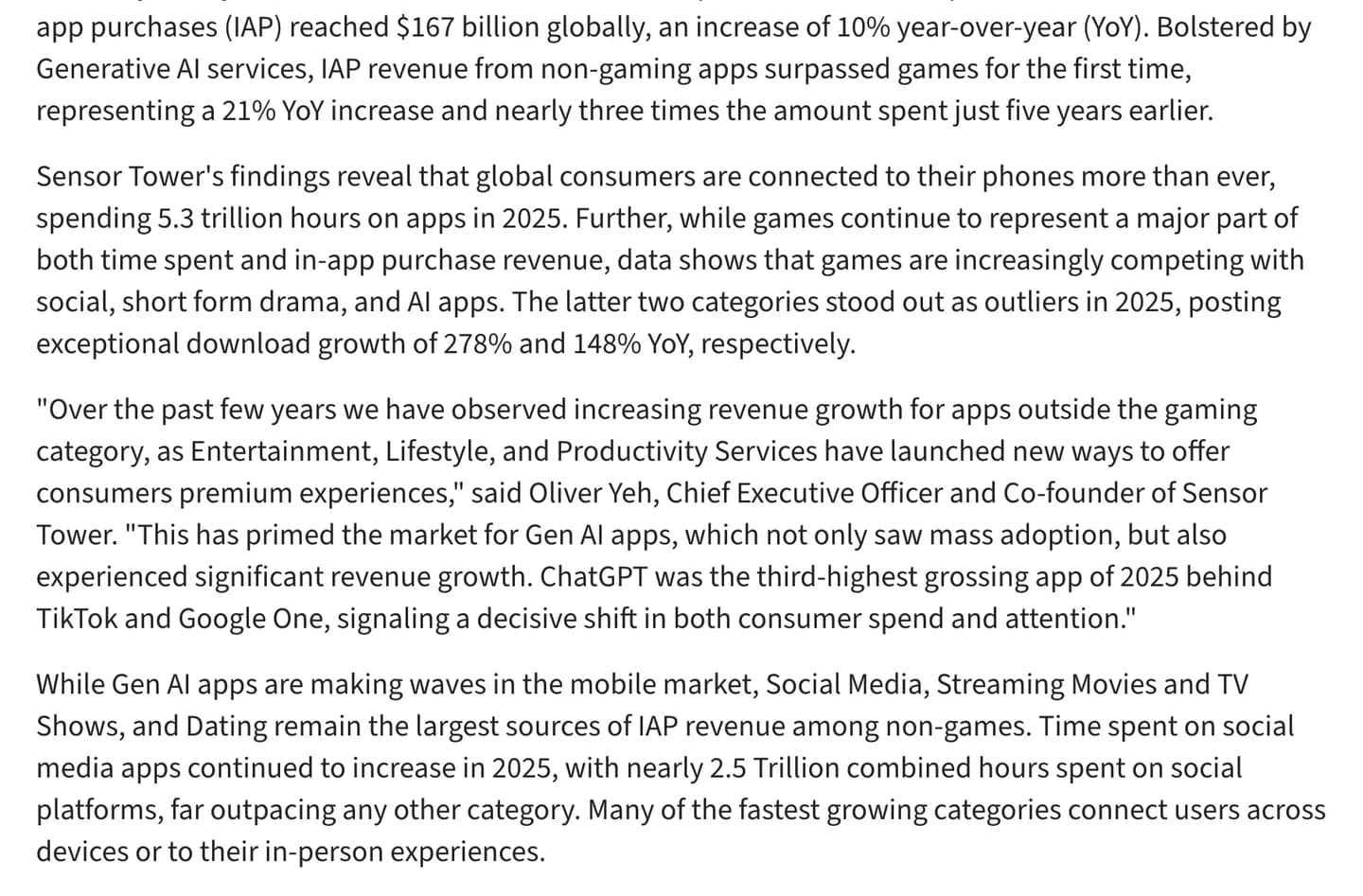 Sensor Tower's State of Mobile 2026 press release, stating that ChatGPT was the third-highest grossing app of 2025 and that social media, streaming and dating remain the largest non-game revenue sources