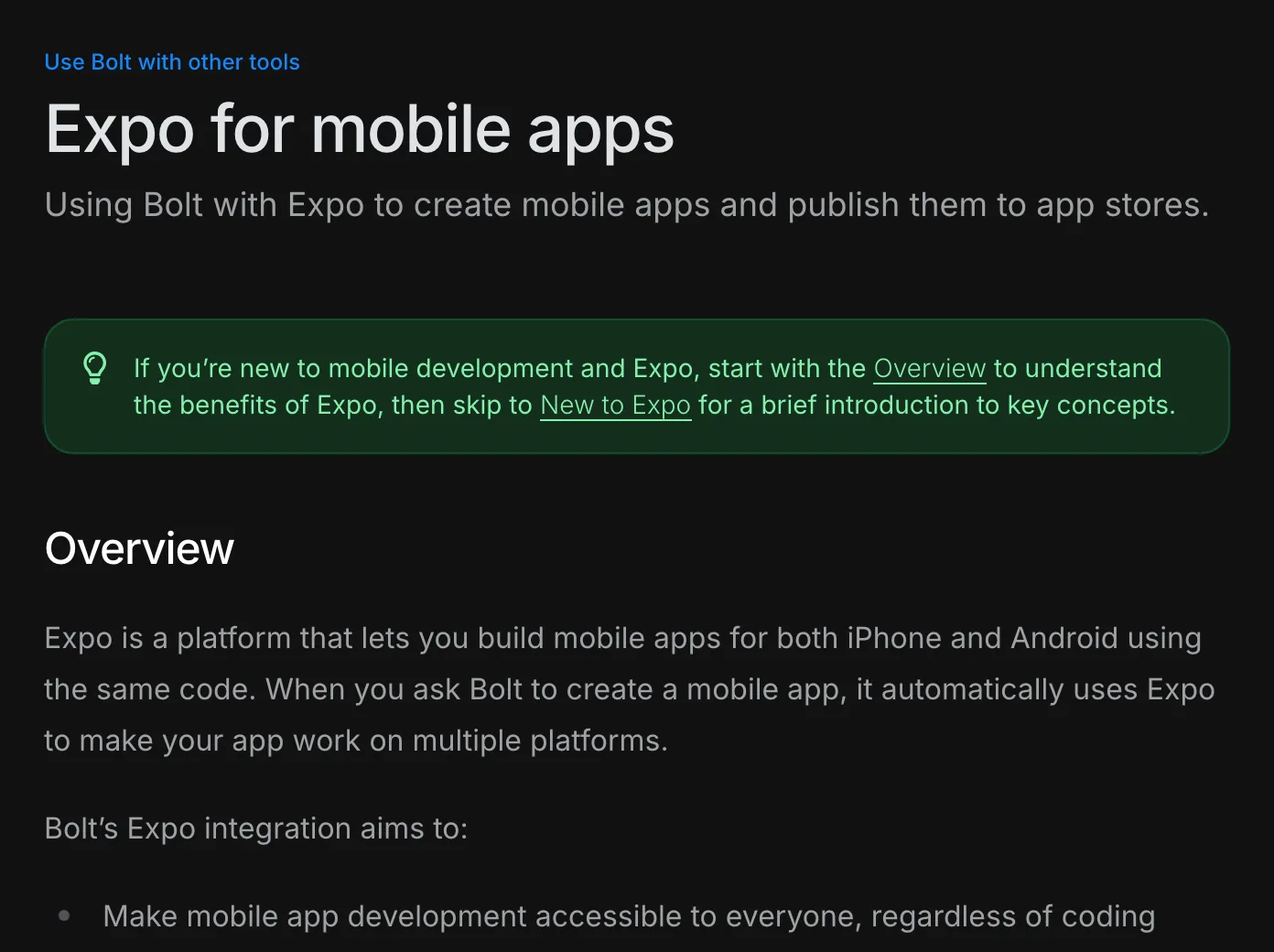 Bolt's support article explaining that it uses Expo to create mobile apps and publish them to app stores