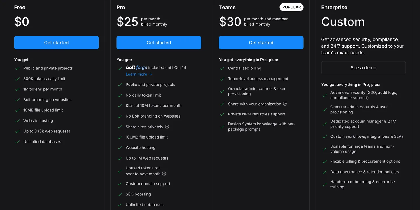 Bolt's pricing page showing the Free, Pro at $25 a month, Teams and Enterprise plans