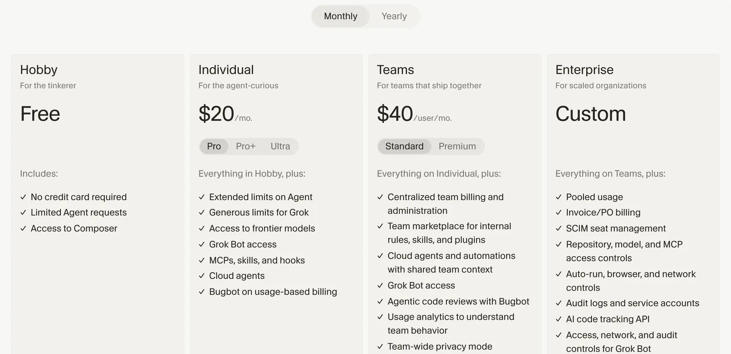Cursor's pricing page showing the free Hobby plan, the $20 Individual plan with Pro, Pro+ and Ultra tiers, Teams at $40 per user, and Enterprise