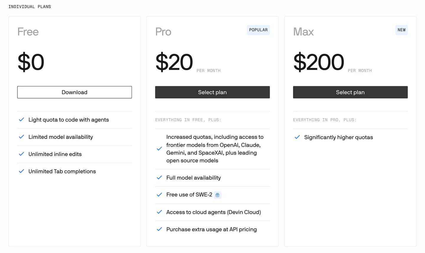Devin's pricing page showing Free at $0 with a light agent quota, Pro at $20 a month with frontier models and cloud agents, and Max at $200 a month