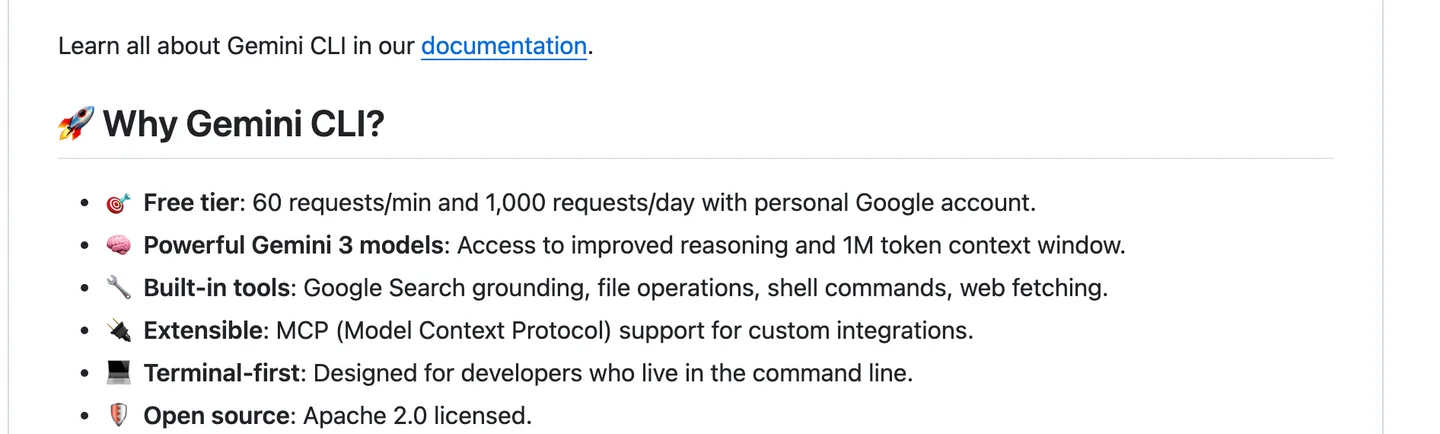 The Gemini CLI README listing a free tier of 60 requests per minute and 1,000 requests per day with a personal Google account