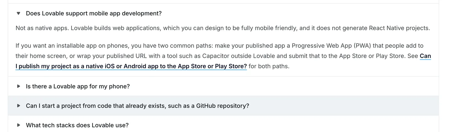 Lovable's FAQ answering that it builds web applications and does not generate React Native projects