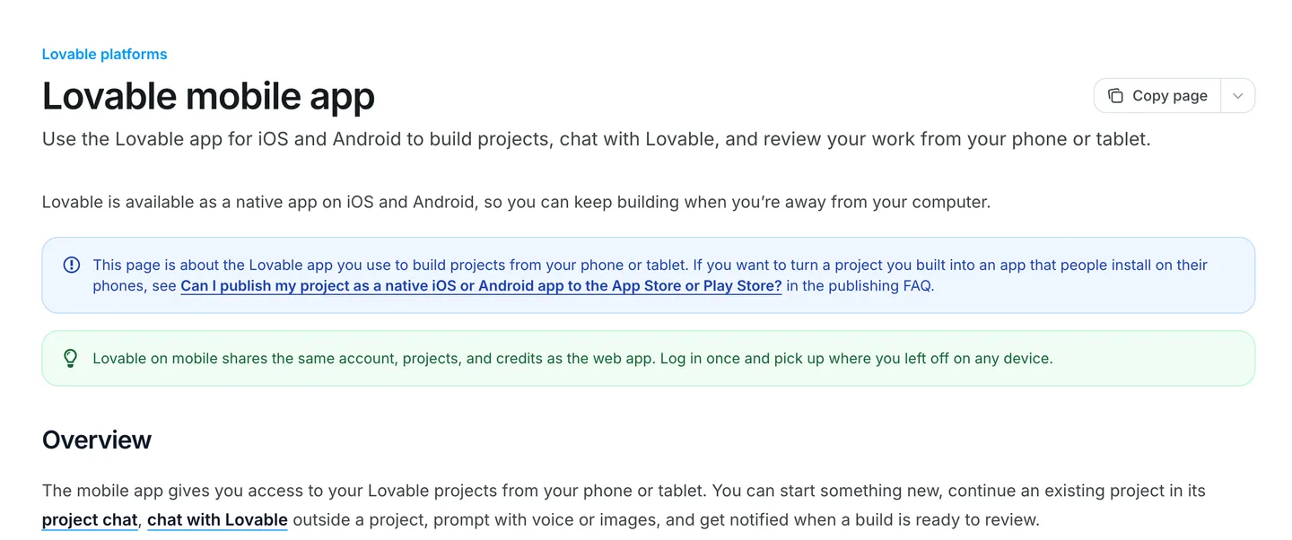 Lovable's documentation for its iOS and Android app, used to build projects from a phone