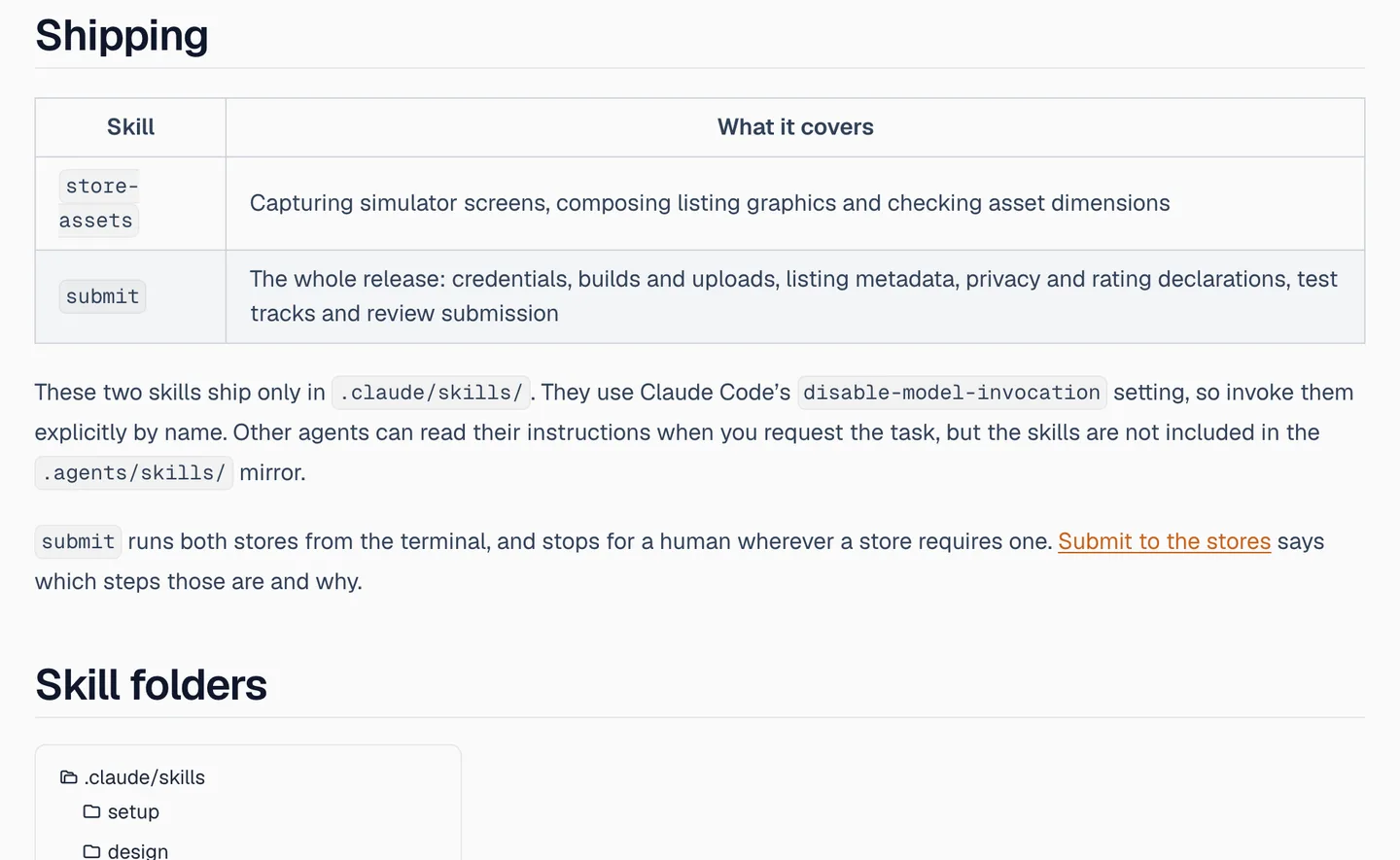 NativeExpress docs showing the store-assets and submit skills and explaining that they ship only in .claude/skills and are not in the .agents/skills mirror