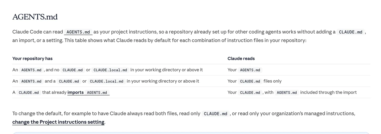 Claude Code's documentation table: with only an AGENTS.md, Claude reads it; with both AGENTS.md and CLAUDE.md, it reads CLAUDE.md only; a CLAUDE.md can import AGENTS.md