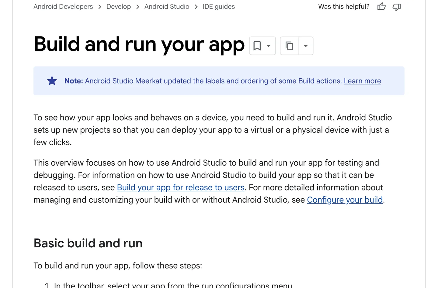 Android Studio documentation page titled Build and run your app, explaining you can deploy to a virtual or physical device in a few clicks