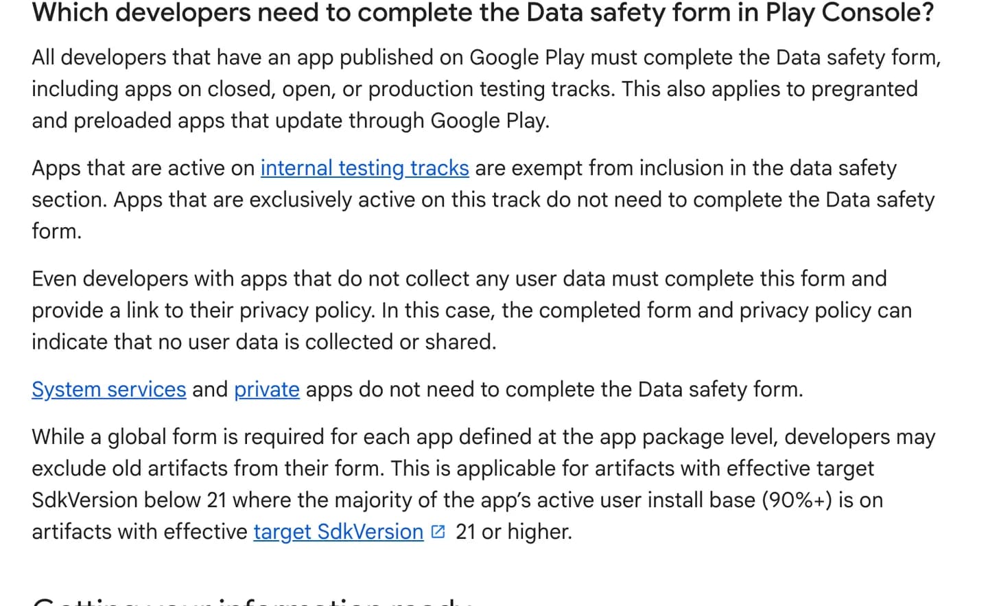 Google Play Console Help stating that even developers whose apps collect no user data must complete the Data safety form and link a privacy policy