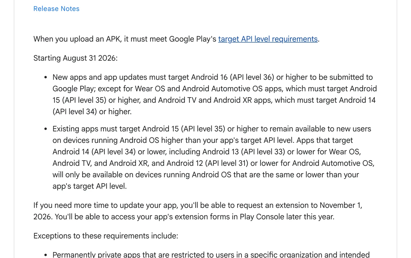Android Developers page stating that from August 31, 2026 new apps and app updates must target Android 16, API level 36, or higher