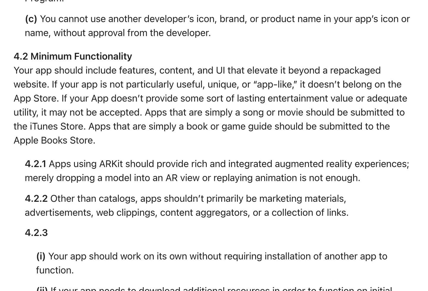 Apple's App Review Guideline 4.2 Minimum Functionality, requiring apps to go beyond a repackaged website