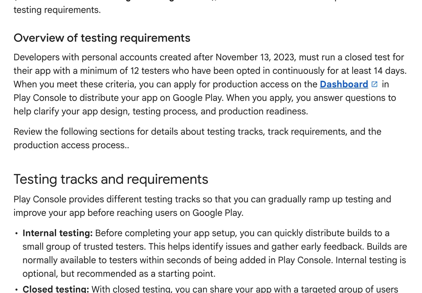 Google Play's help page stating new personal accounts must run a closed test with at least 12 testers for 14 days