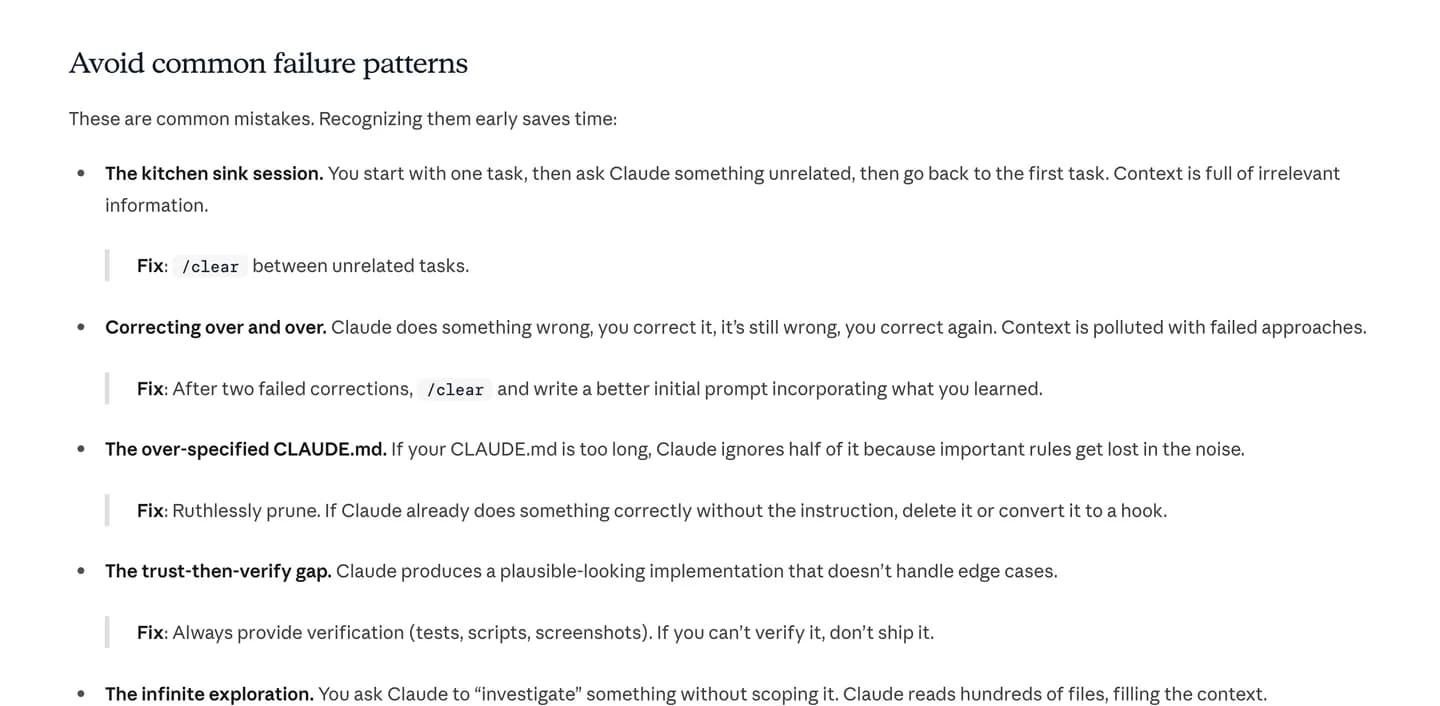 Anthropic's list of common Claude Code failure patterns: the kitchen sink session, correcting over and over, the over-specified CLAUDE.md, the trust-then-verify gap and the infinite exploration