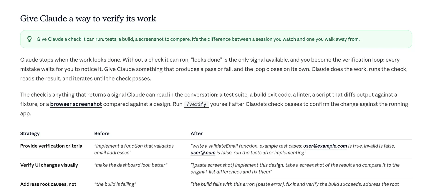 Anthropic's Claude Code best practices page, section Give Claude a way to verify its work, with before and after prompt examples