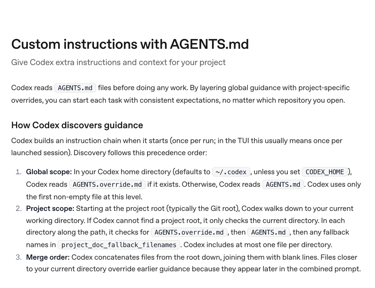 OpenAI's Codex documentation explaining that Codex reads AGENTS.md files before doing any work, from the global scope down to the project directory