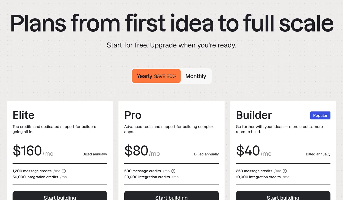 Base44's pricing page showing the Elite, Pro and Builder plans with message credits and integration credits per month