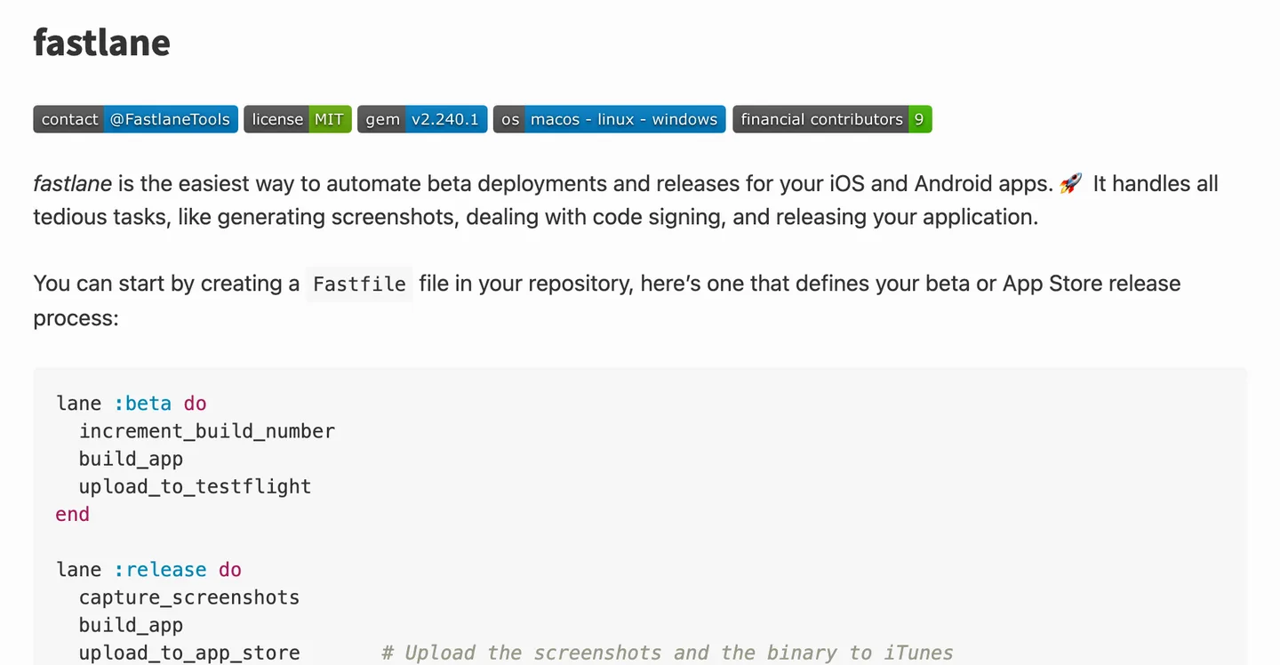 The fastlane documentation homepage describing it as the easiest way to automate beta deployments and releases, with an example Fastfile