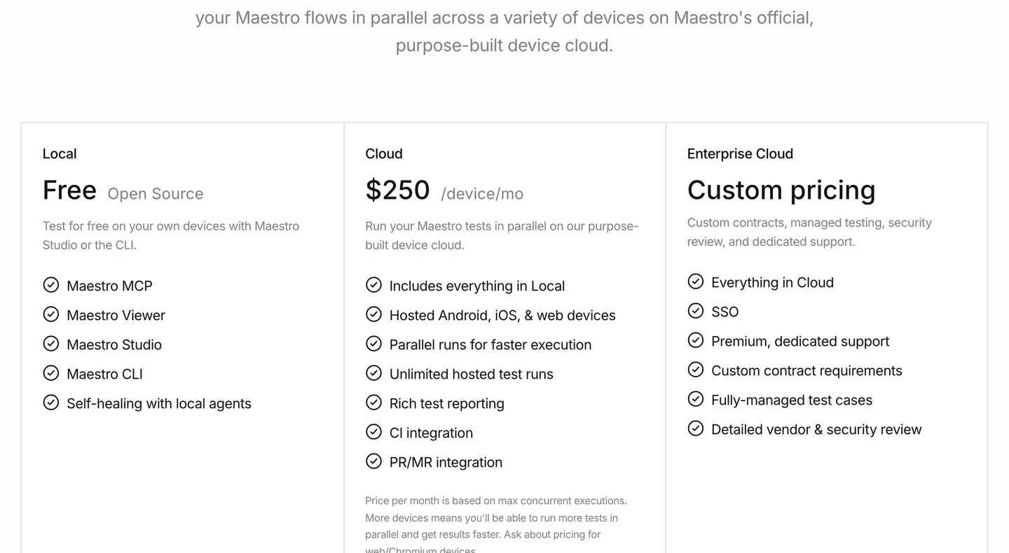 Maestro's pricing page: the Local plan is free and open source, Cloud costs $250 per device per month, Enterprise is custom