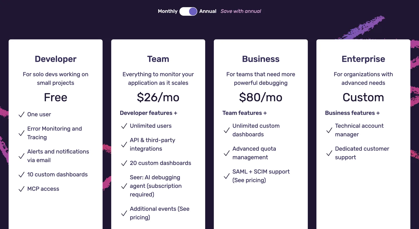 Sentry's pricing page showing the free Developer plan for one user, Team at $26 a month, Business at $80 a month and custom Enterprise