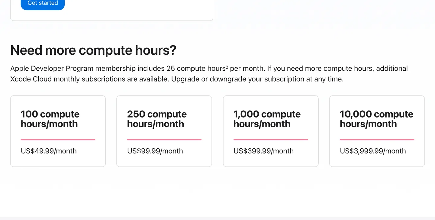 Apple's Xcode Cloud page: Apple Developer Program membership includes 25 compute hours a month, with extra hours from US$49.99 a month for 100