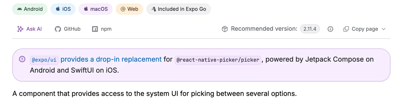 Expo's documentation for @react-native-picker/picker with a note that @expo/ui provides a drop-in replacement powered by Jetpack Compose on Android and SwiftUI on iOS