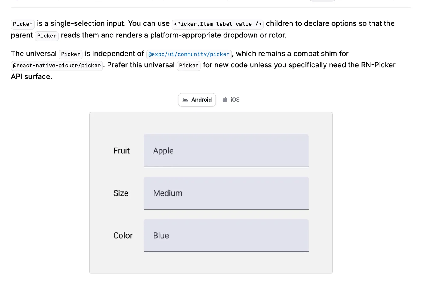 Expo's universal Picker documentation, describing a single-selection input that renders a platform-appropriate dropdown or rotor, with a preview of three dropdown rows