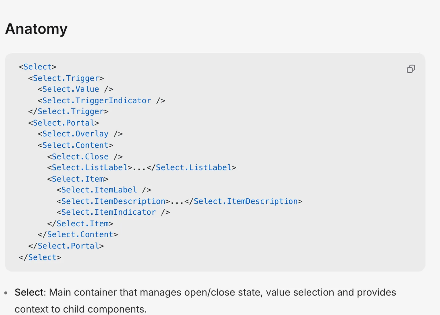 HeroUI Native's Select anatomy: Select, Trigger, Value, TriggerIndicator, Portal, Overlay, Content and Item parts