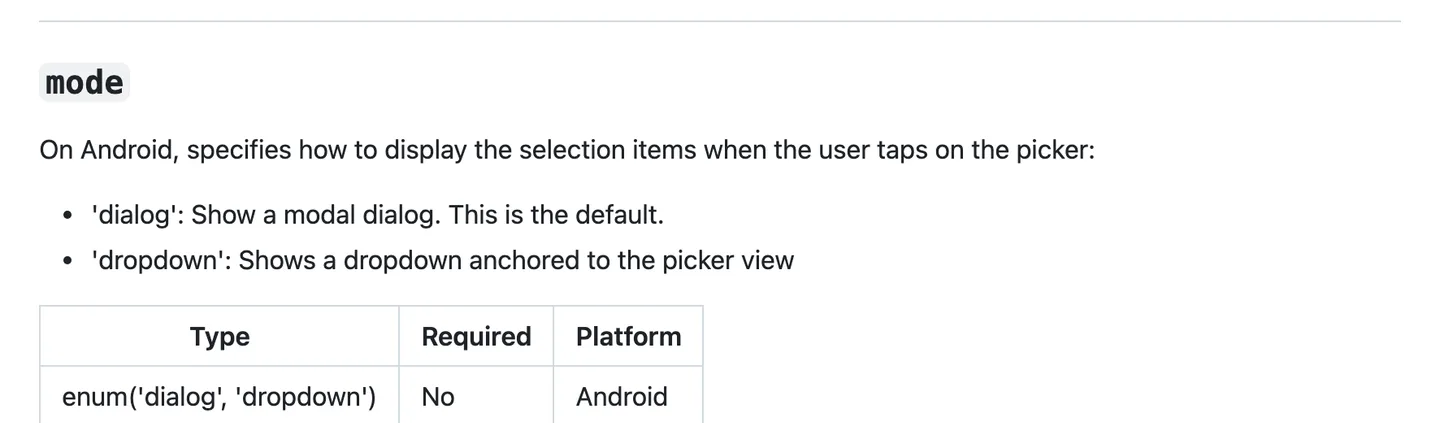 The @react-native-picker/picker README showing that the mode prop, dialog or dropdown, applies to Android only
