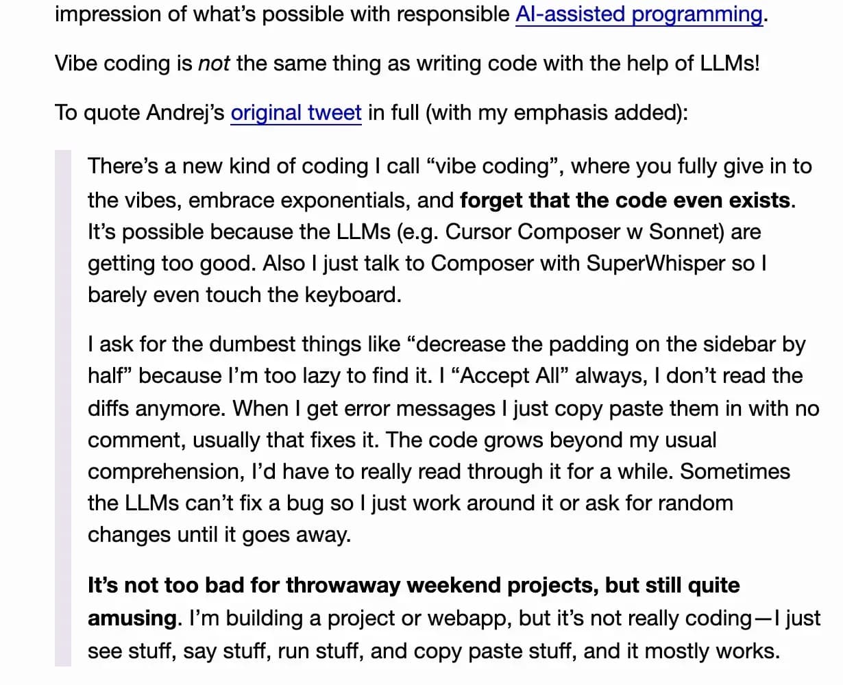 Simon Willison's blog post quoting Andrej Karpathy's original vibe coding post in full, with "forget that the code even exists" and "throwaway weekend projects" in bold
