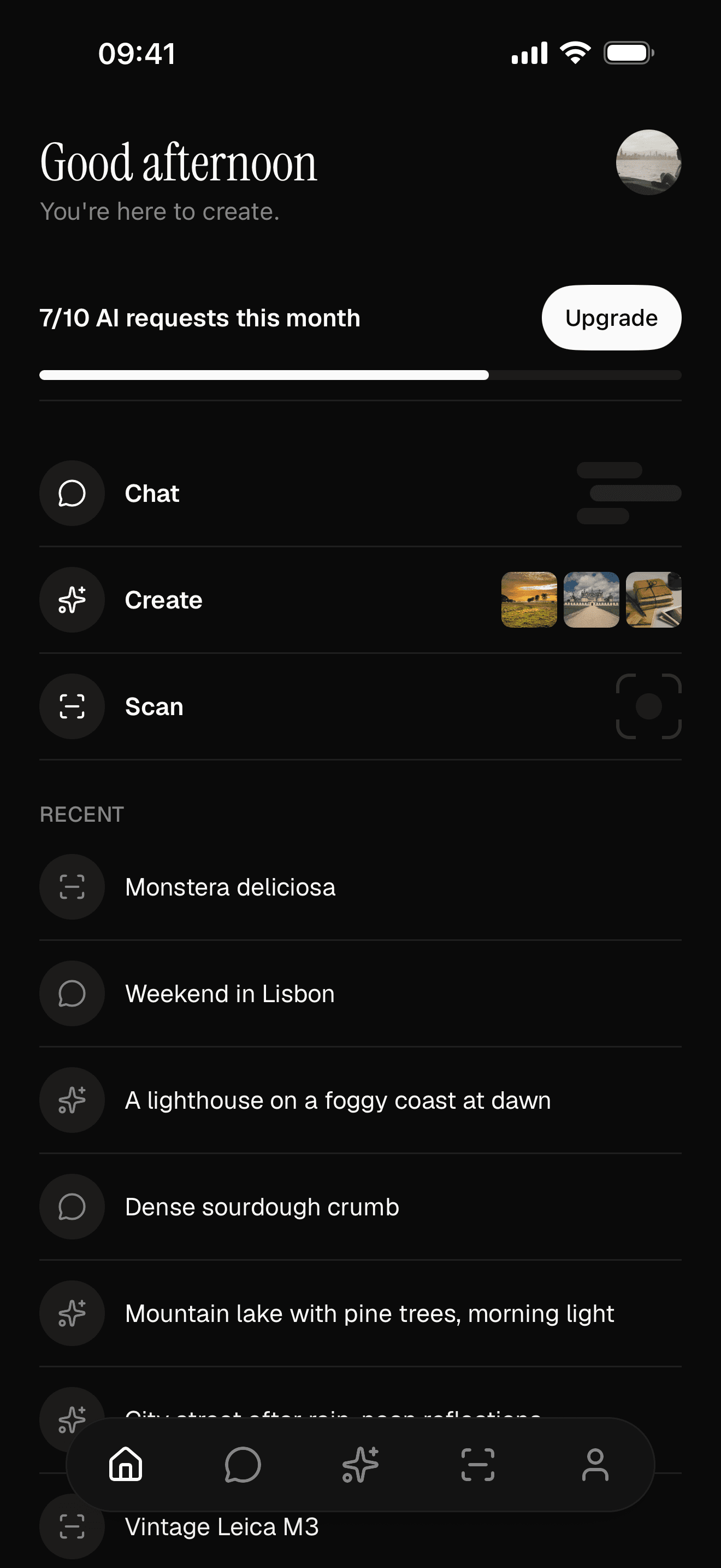 The home screen in dark mode