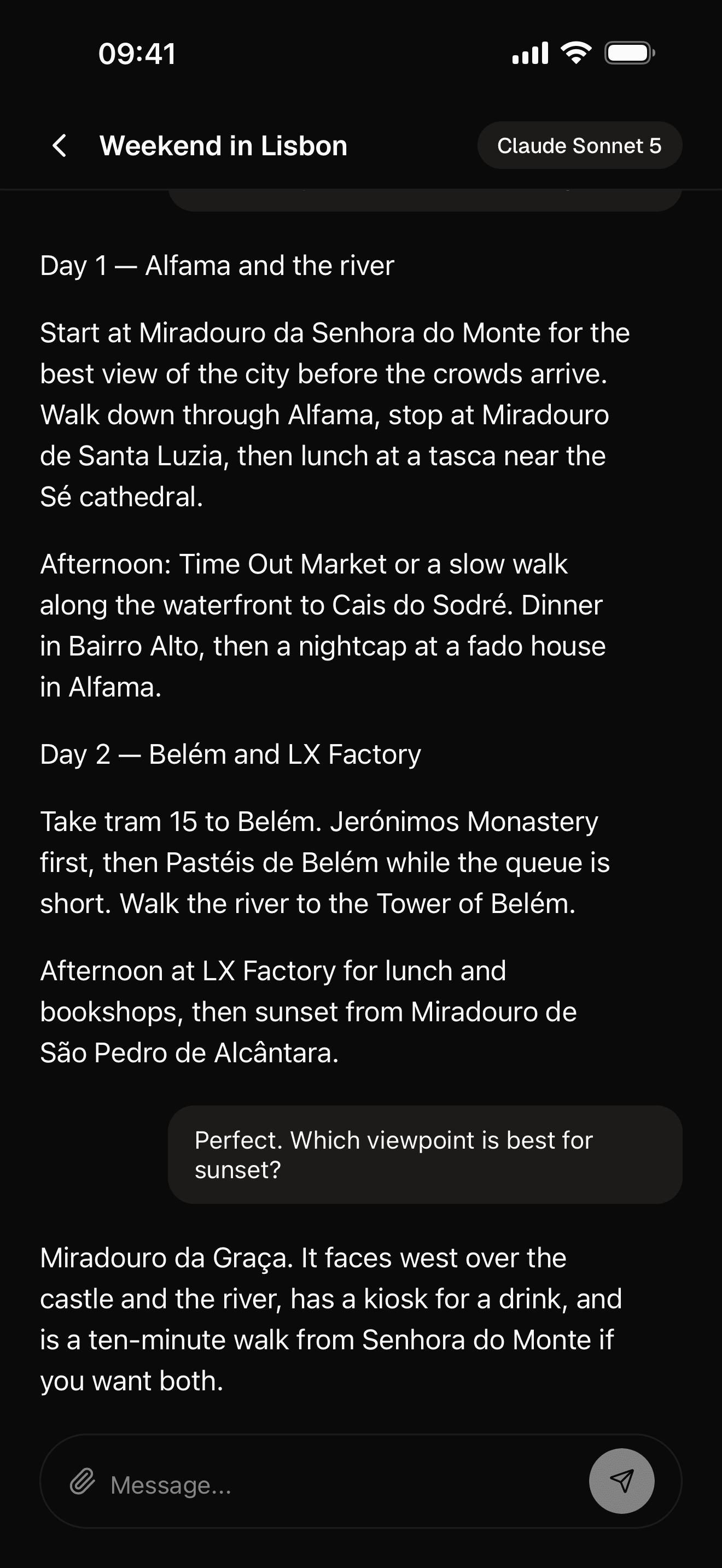 An AI conversation in dark mode