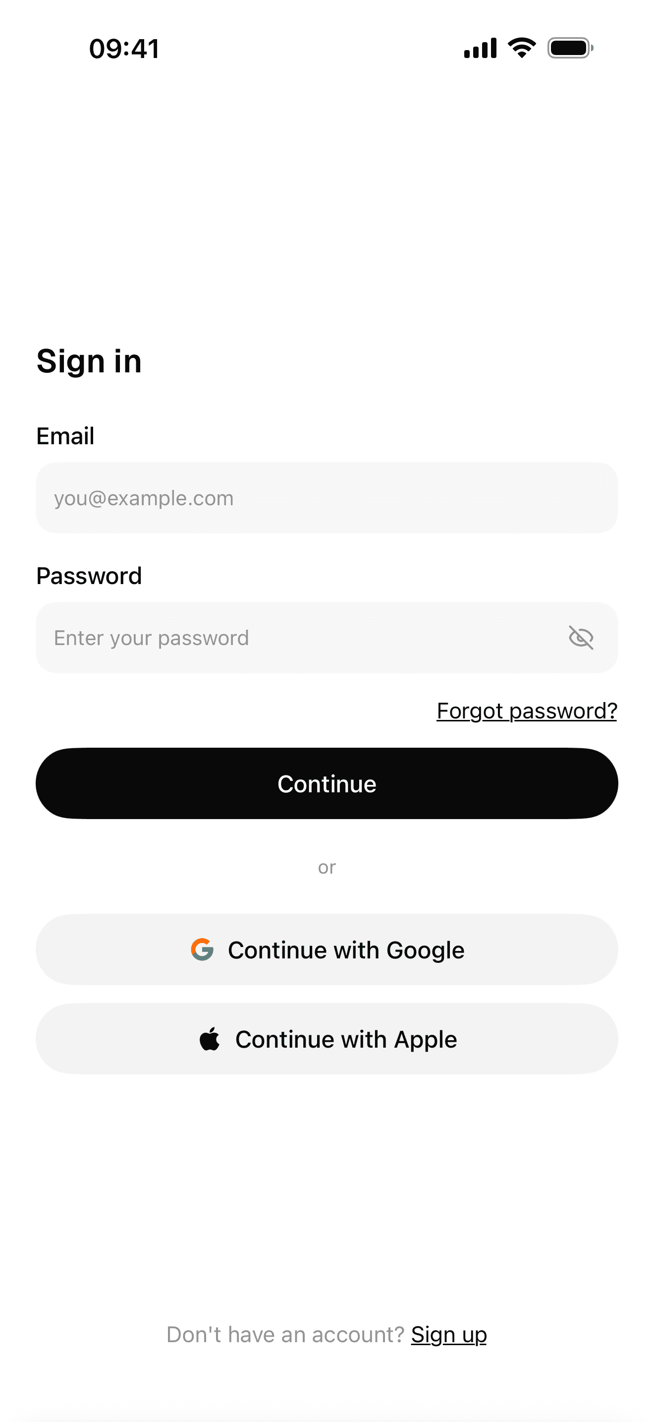 Sign-in screen with Google, Apple and email options
