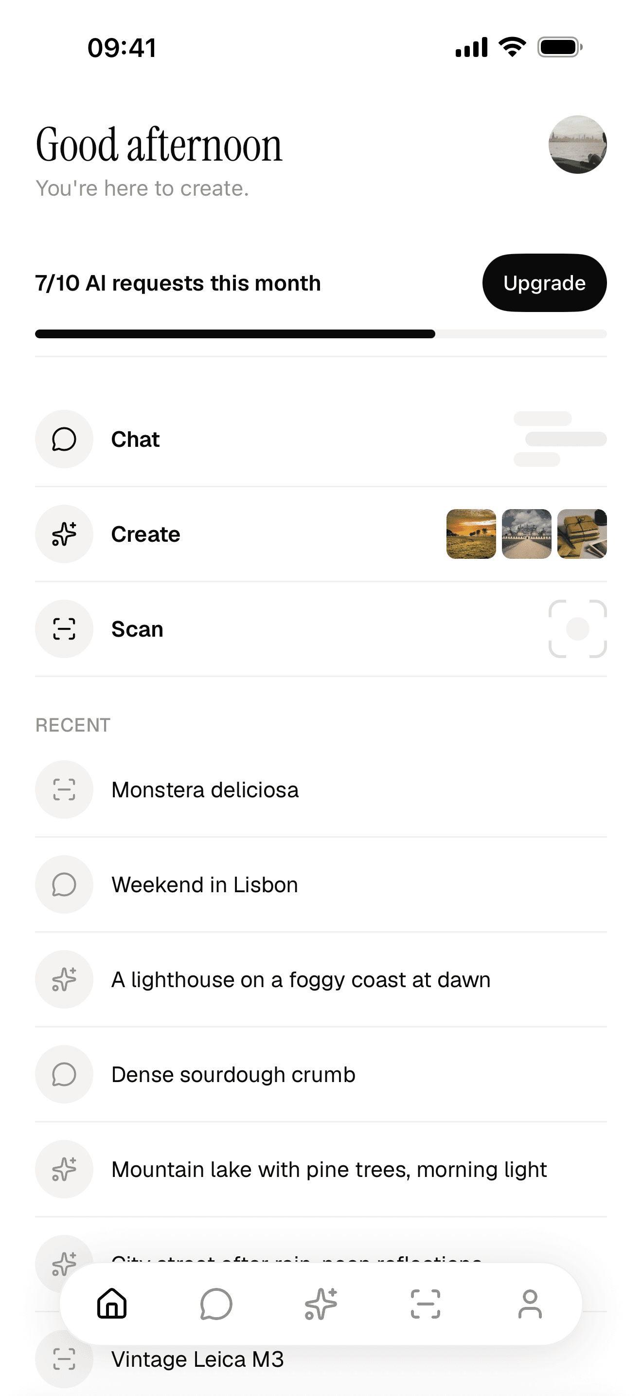 The app home screen