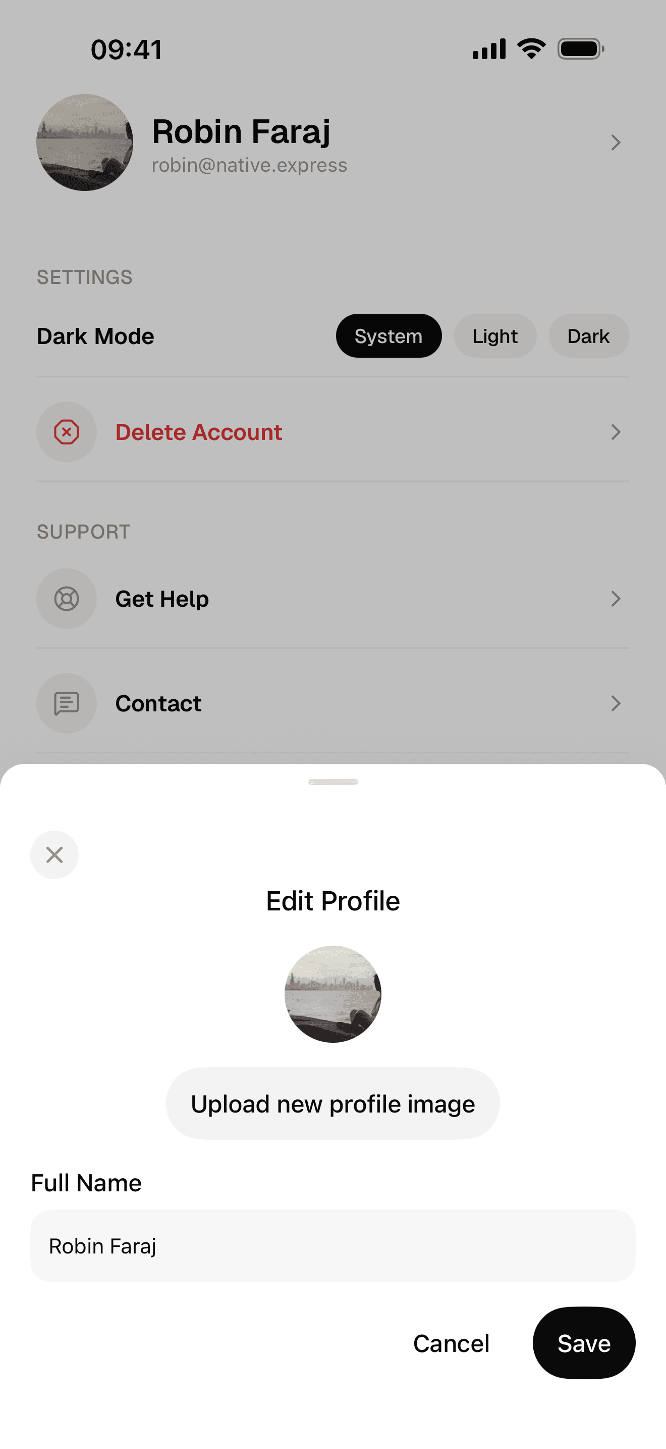 Profile screen with an edit drawer, theme toggle and delete account