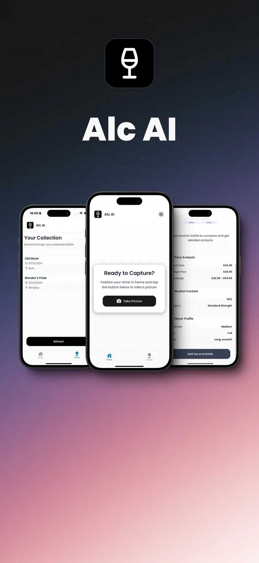 Alc AI shown across three phones: a saved collection of analysed bottles, the capture prompt, and a breakdown of price, alcohol content and flavour profile.