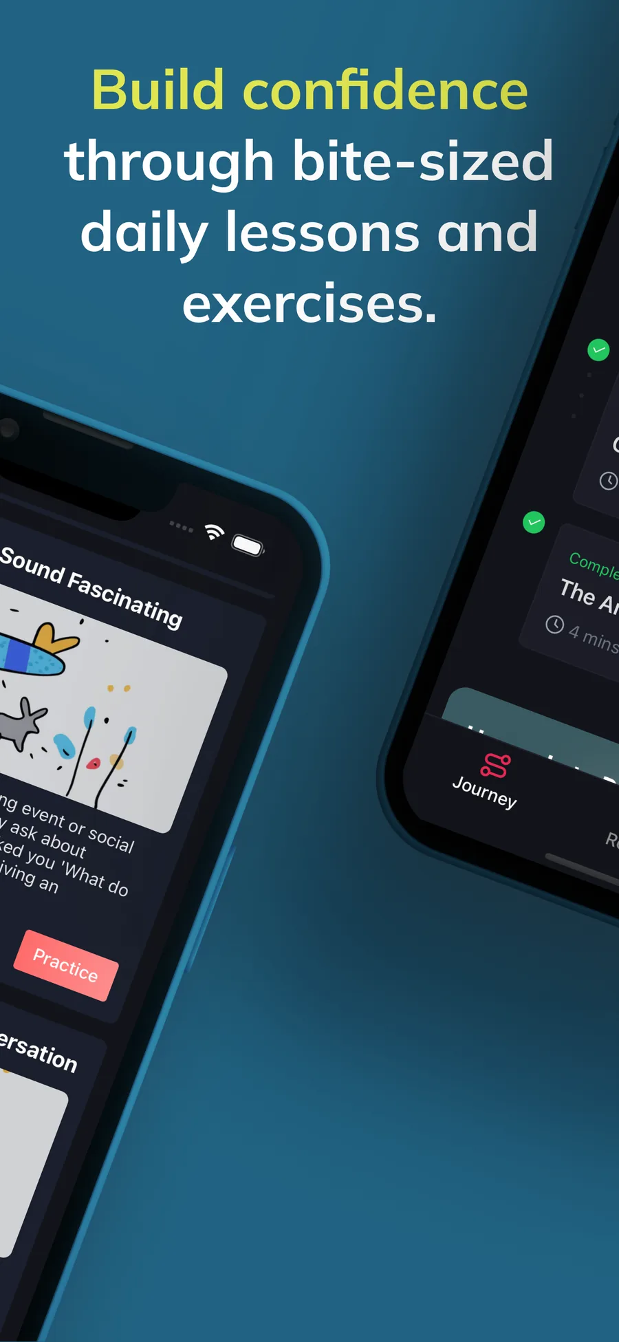 Two angled phones showing Bearwith's daily lessons: one a scenario card with a Practice button, the other a journey list of short lessons ticked off as completed.