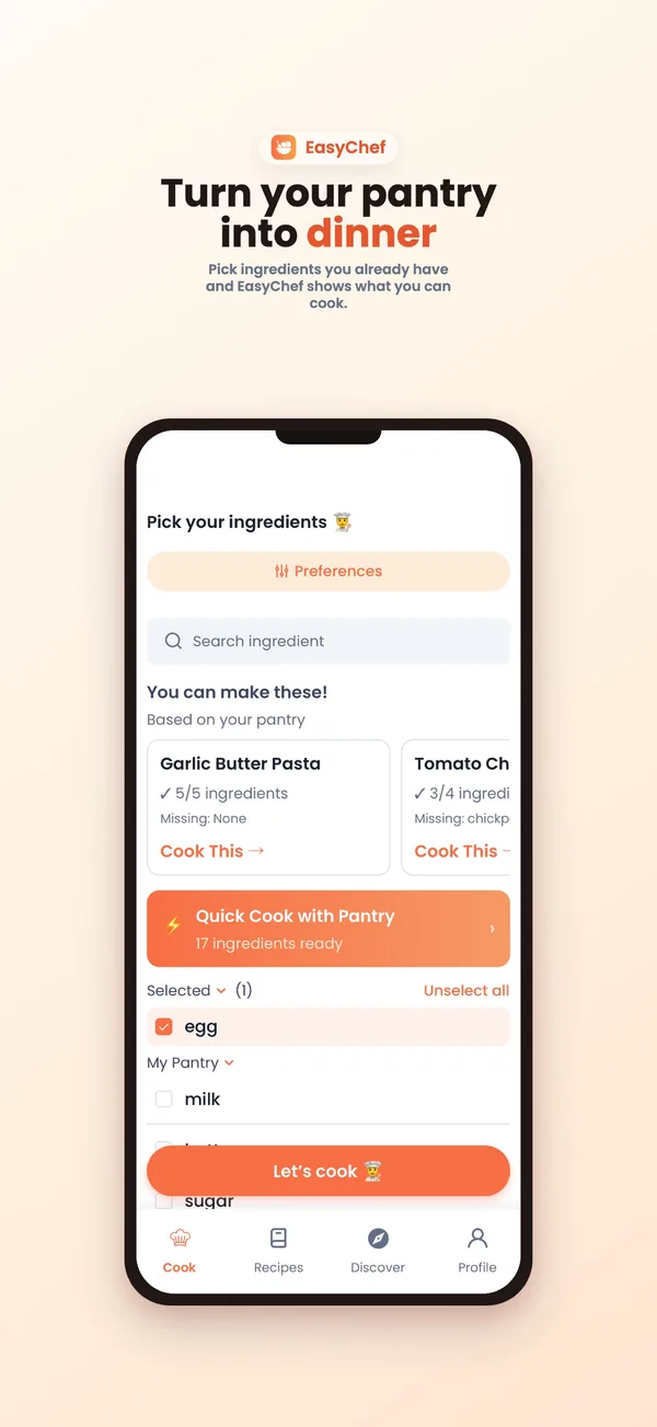 EasyChef: Recipes from the ingredients you already have.