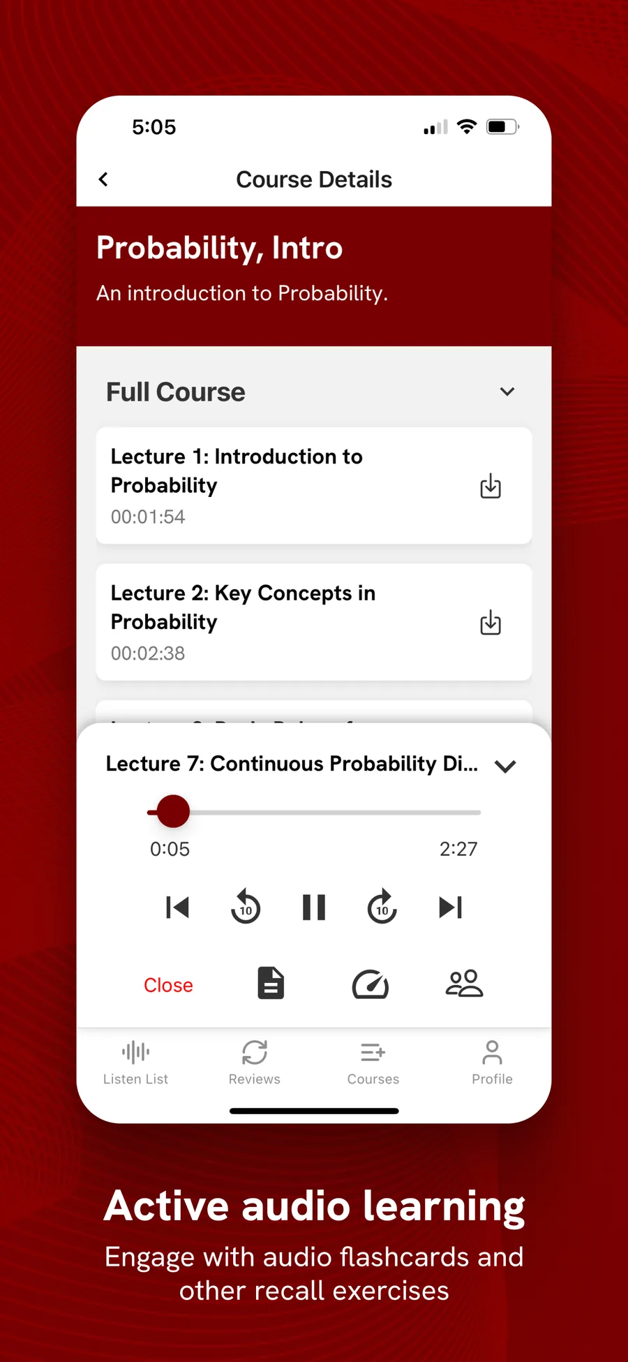 A Polym course open on its lecture list, with the audio player docked at the bottom part-way through lecture seven.
