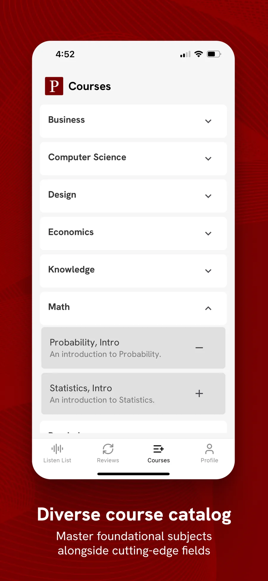Polym's course catalogue, with subjects from business to maths as collapsible rows and maths expanded to show its intro courses.