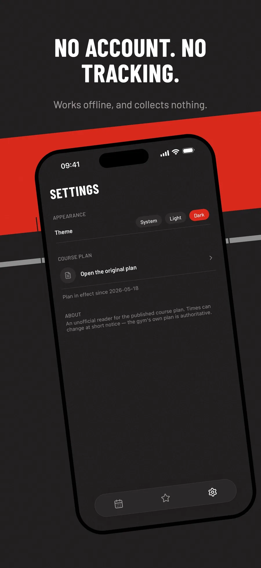 Spitfire Kursplan's settings: a system, light and dark theme control, a link to the gym's original published plan with the date it took effect, and a note that the app is an unofficial reader.