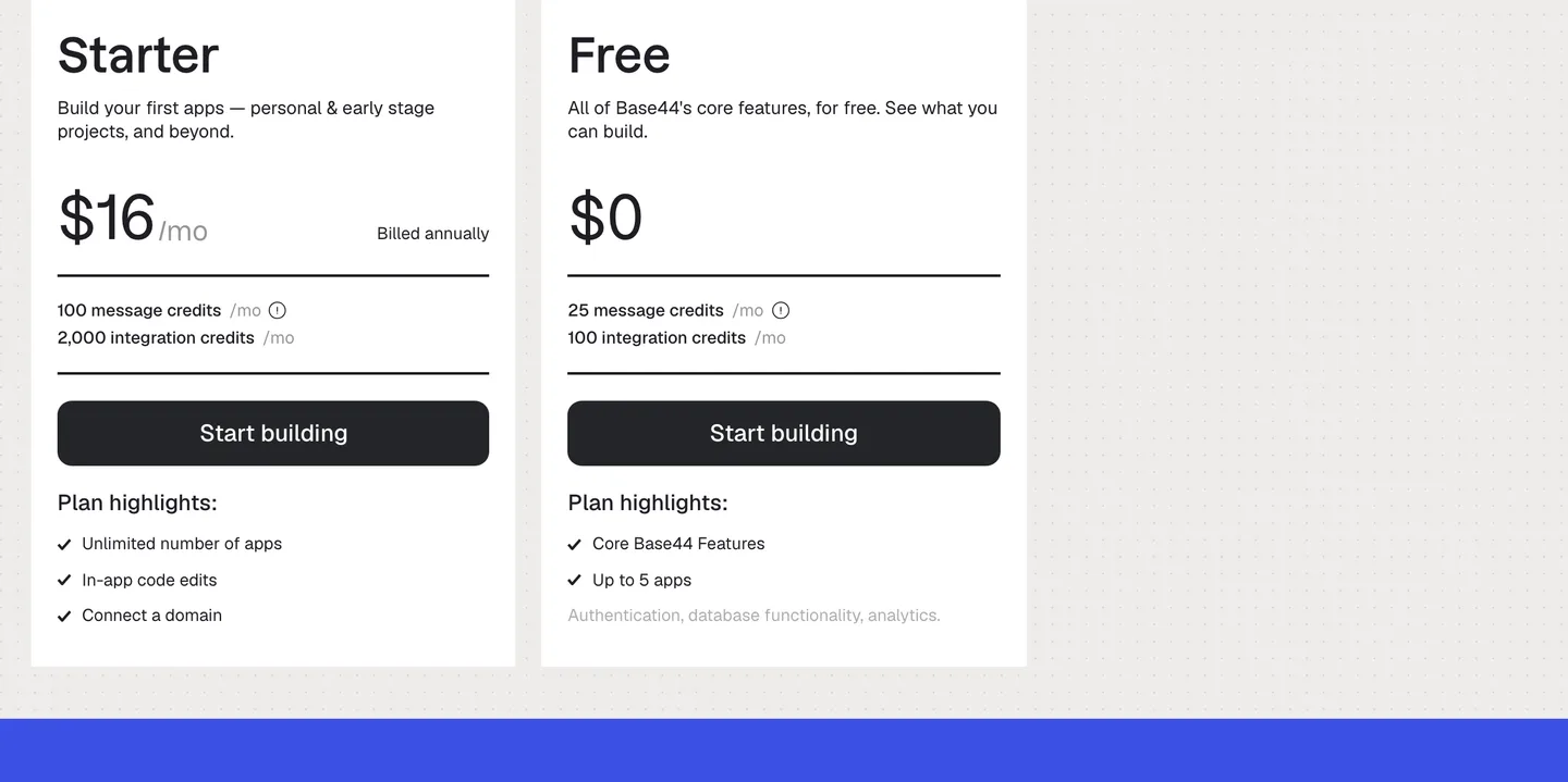 Base44's pricing page showing the Starter plan at $16 a month billed annually with 100 message credits, and the Free plan with 25 message credits