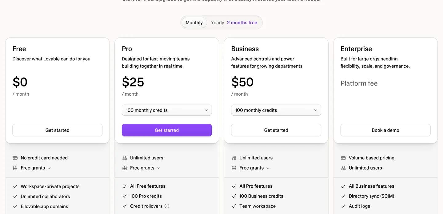 Lovable's pricing page showing Free at $0, Pro at $25 a month with 100 credits, Business at $50 and Enterprise