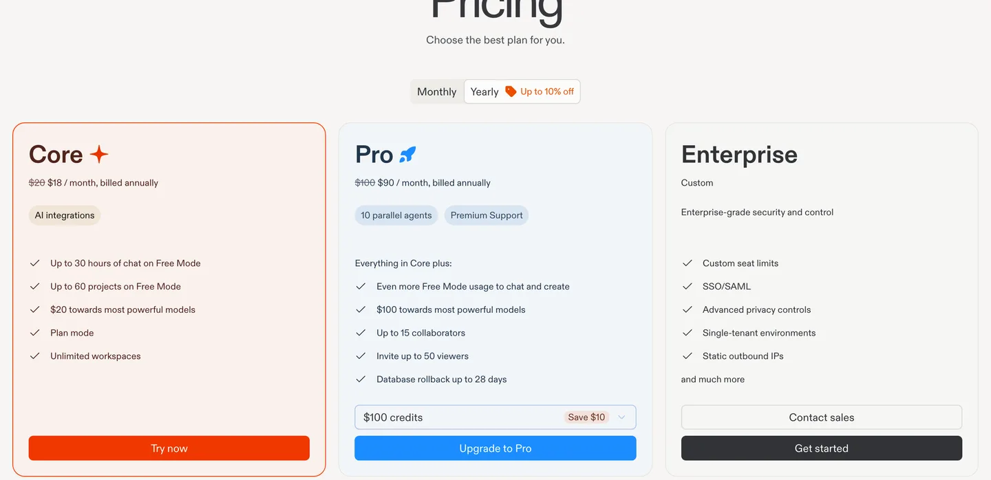 Replit's pricing page showing Core at $18 a month billed annually, Pro at $90 a month billed annually, and Enterprise