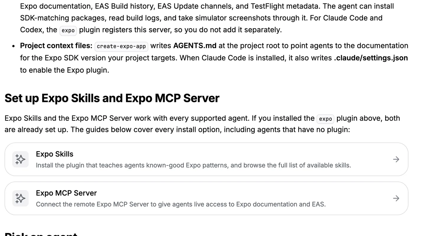 Expo's AI agents documentation describing the AGENTS.md file create-expo-app writes, Expo Skills and the Expo MCP Server