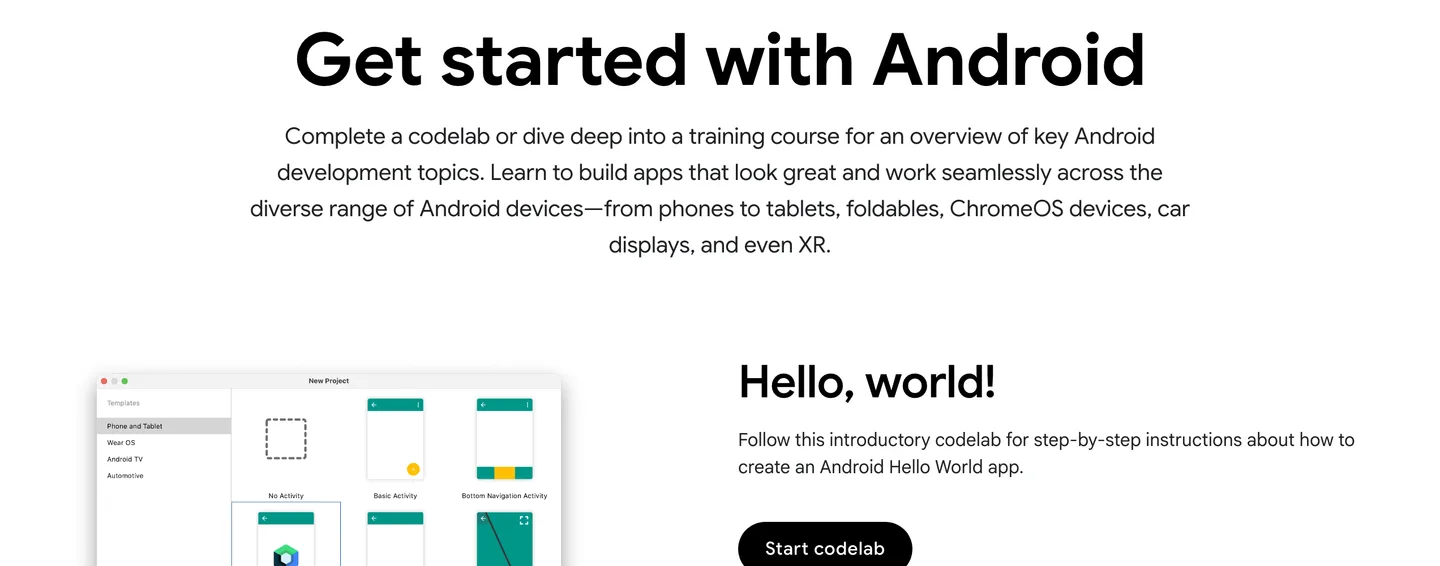 Android Developers Get Started page with a Hello, world codelab for creating a first Android app in Android Studio