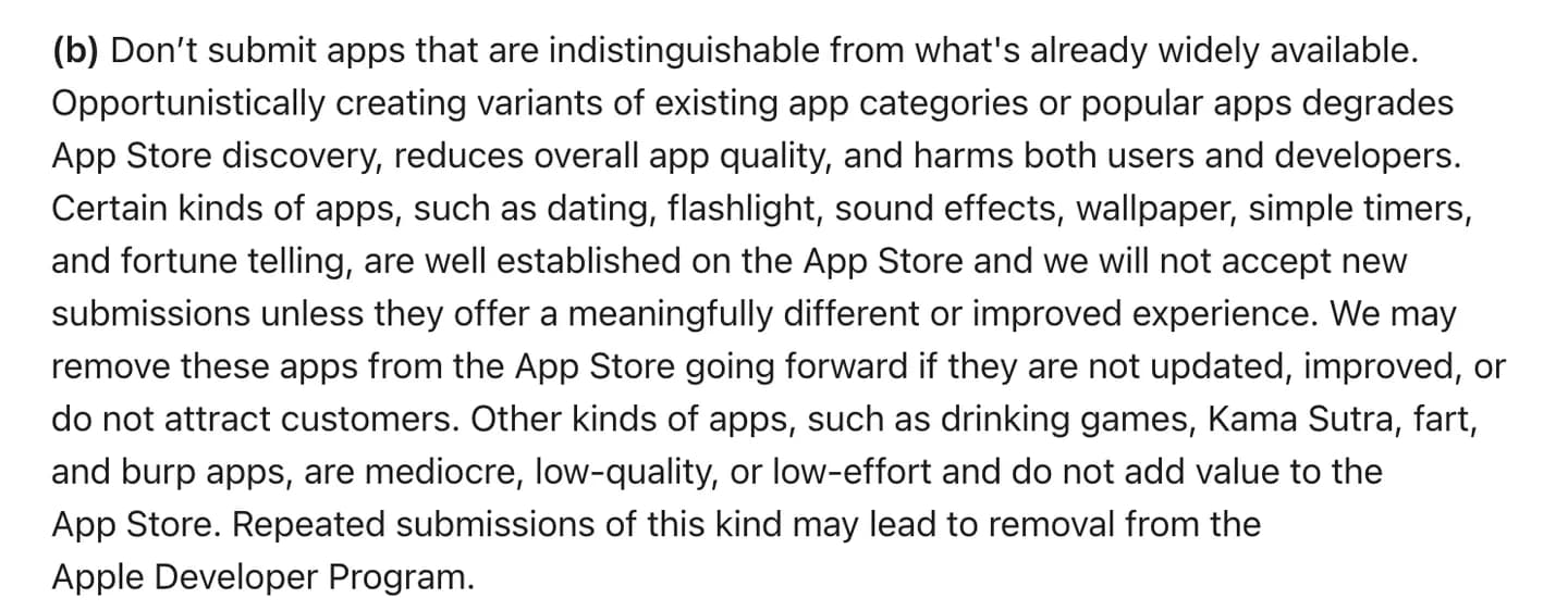 Apple's App Review Guideline 4.3(b) listing saturated app categories such as dating, flashlight, sound effects, wallpaper, simple timers and fortune telling