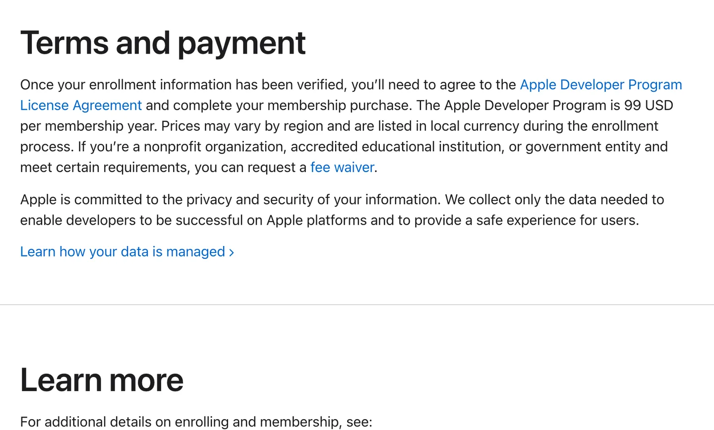 Apple's enrollment page stating the Apple Developer Program is 99 USD per membership year